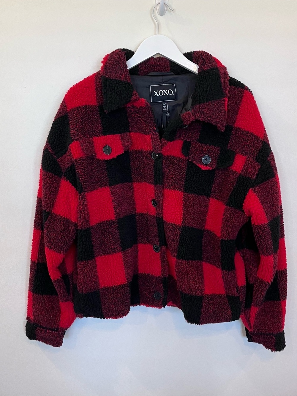 Xoxo Buffalo Plaid Jacket Medium Black Red Fuzzy Teddy Fleece Pockets Buttons